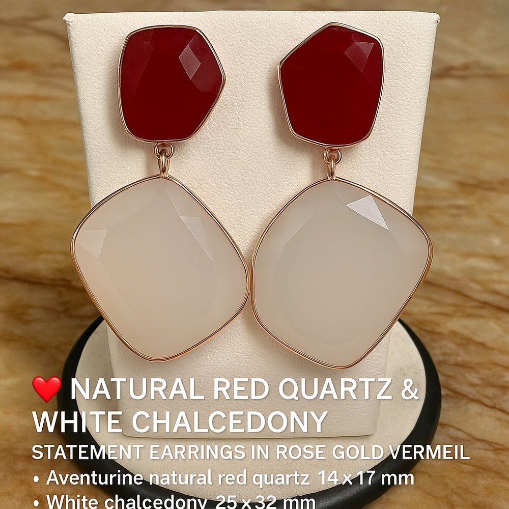 Natural Red Quartz & White Chalcedony Statement Earrings in Rose Gold Vermeil